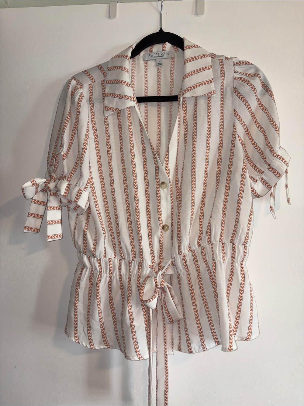 Sweet Rain White & Tan Striped Tie-Waist Blouse with Sleeve Ties